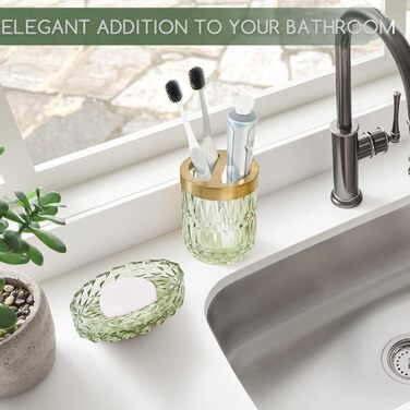 Набір аксесуарів для ванної кімнати скляний 5 предметів Lotionspender, мильниця, тримач для зубних щіток, стакан, декор (Зелений)