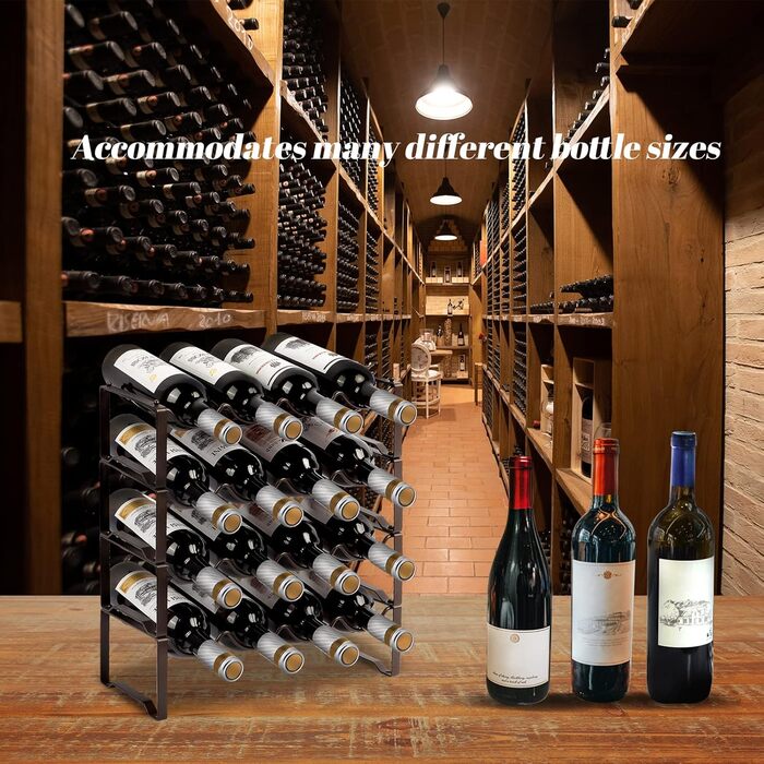 Metal wine rack, stackable bottle rack for 16 bottles, suitable for cellars, bars, and storage rooms. Stable, modular, and expandable bottle and wine storage (4 tiers)