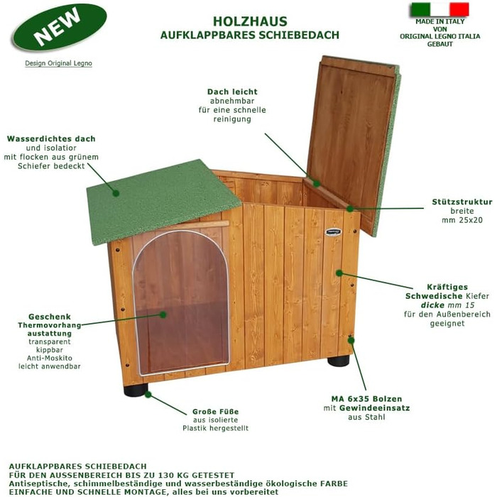 Будка для собак Legno Oasi з термозавісою (119x90x87 см) - для німецької доги, з масивного дерева, Made in Italy