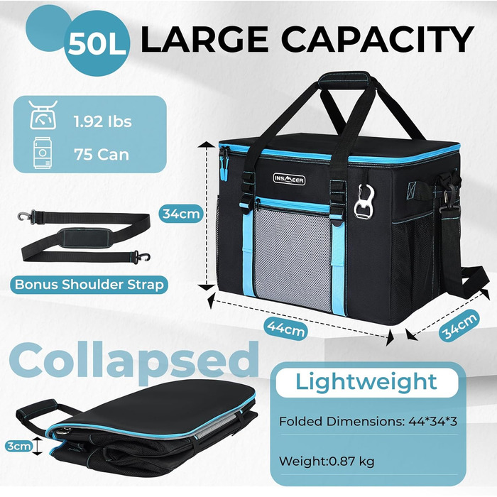 INSMEER Кулер для їжі та напоїв 50 л, великий, складний, для 80 банок, витримує витоки, з відкривачем, для пікніків, кемпінгу, пляжу, сімейних поїздок на 4 особи, чорний