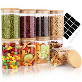 Набори скляних банок для зберігання з кришками (12 шт.) - 4x400 мл, 4x500 мл, 4x700 мл. Скляні контейнери для кухні, баночки з дерев'яними кришками.