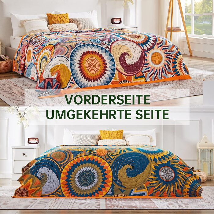 HOORDRY Bohemian Style Throw Blanket 150x200cm, Patterned Blankets, Woven Cotton Bedspread, Couch Throw Blanket, Armchair Throw Blanket, Reversible Blanket for Watching TV or Napping on the Chair, Single Bed