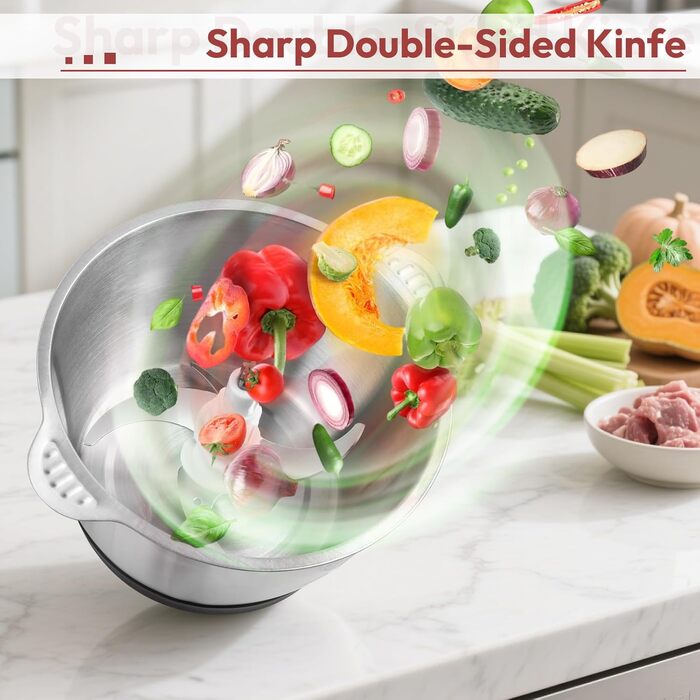 Електричний подрібнювач Jobfun 2L з нержавіючої сталі, 2 швидкості, мультиподрібнювач, м'ясорубка, подрібнювач для м'яса, цибулі, овочів (сірий)