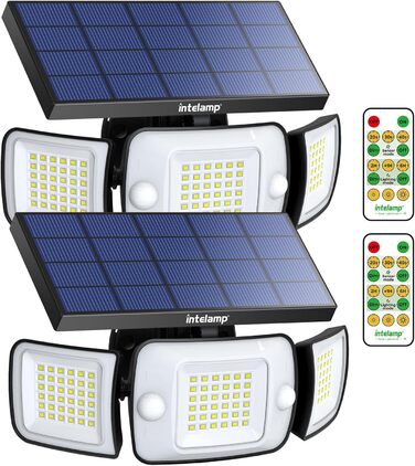 INTELAMP Solar Lights for Outdoors with Motion Sensor, 6000 mAh Solar with Remote Control, 1200LM, 270° Wide-Angle Solar Lights, IP65 Waterproof for Porch and Garages (2-Piece - White Light)