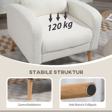 HOMCOM Lounge Chair, Armchair with Lumbar Pillow, Upholstered Armchair with Wooden Legs, Fleece Fabric, Reclining Single Chair for Living Room, Bedroom, White | Aosom