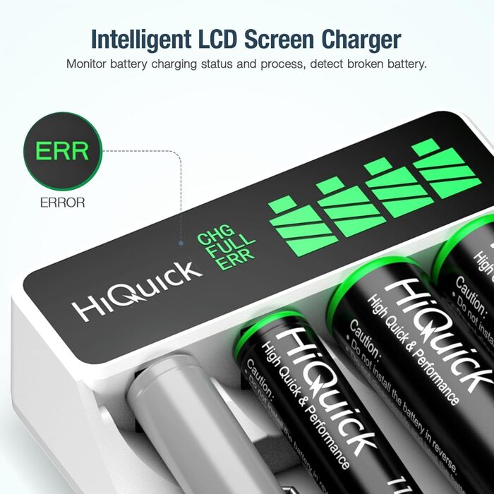 Зарядний пристрій HiQuick для акумуляторів NI-MH/NI-CD AA/AAA з LCD-дисплеєм, 4 слоти, швидка зарядка