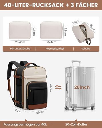 LOVEVOOK Рюкзак для ручної поклажі, 40L, для жінок з відділенням для 17-дюймового ноутбука, водонепроникний, для подорожей, роботи, бізнесу, Weekender, хакі (чорний-бежевий-коричневий)