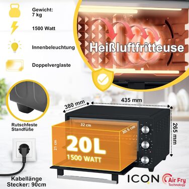 Міні-піч ICQN 50L з конвекцією, 1800 Вт, підсвічуванням, 5 функцій, таймером 60 хв, комплект форм для випічки, міні-печі (20 л з фритюрницею)