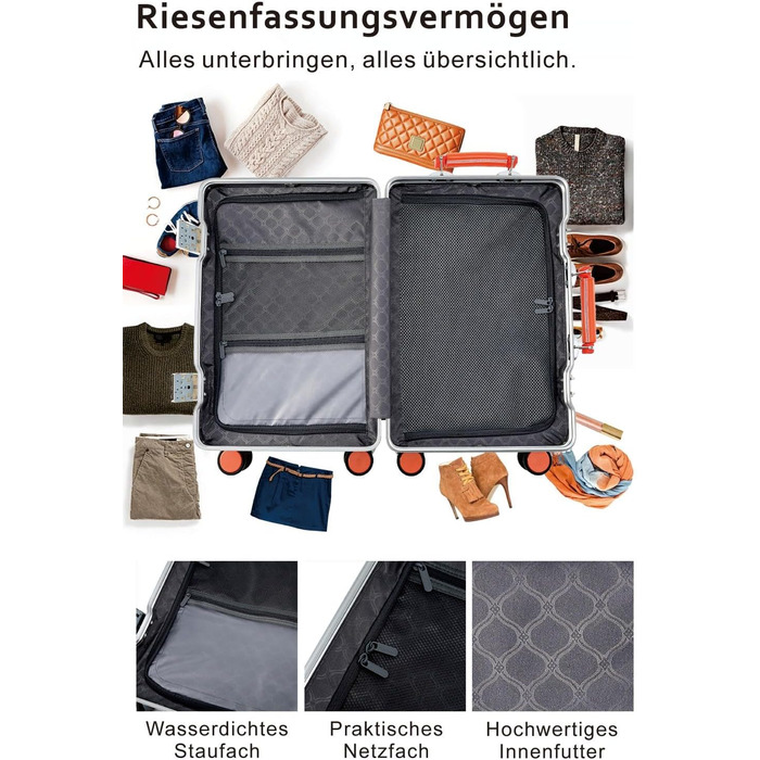 Чемодан ручної поклажі Yuweijie: міцний алюмінієвий каркас, 4 колеса, TSA-замок, срібний з коричневою шкіряною ручкою, S-58см