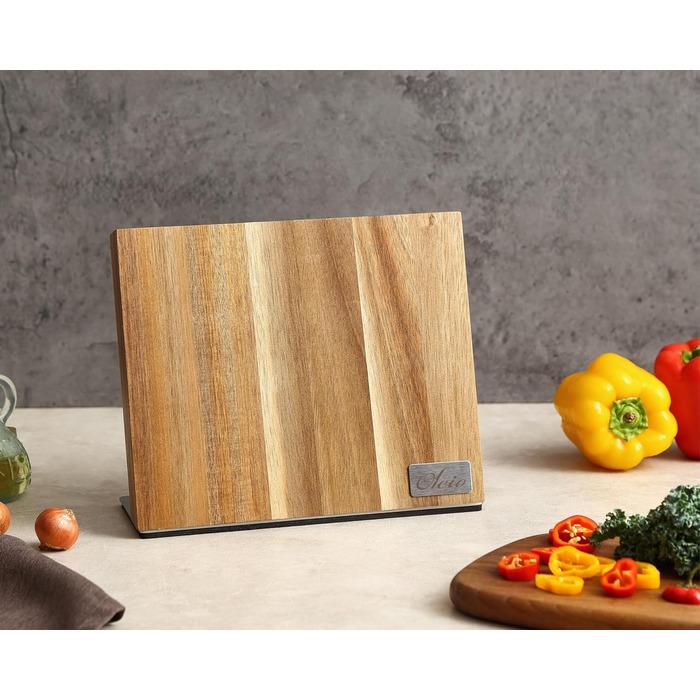 Magnetic knife block made of solid acacia wood, 3.80 cm thick, with a stainless steel base, magnetic knife holder for up to 6 knives, wooden knife storage, kitchen knife block without knives