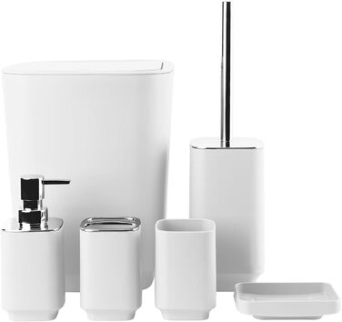 Сучасний 6-частинний набір для ванної кімнати білого кольору з дозатором для мила, тримачем для зубних щіток, мильницею, щіткою для унітазу, сміттєвим відром та склянкою з пластику та металу, білий