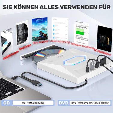 Зовнішній USB-C CD/DVD-привід UNITEK з картридером SD, USB 3.0 хабом та записом CD-ROM, білий — для ноутбуків, ПК (Windows, Linux, macOS)