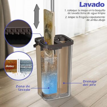 Набір для миття підлоги з відром, 2 в 1, з регульованою ручкою з нержавіючої сталі та 6 мікрофібровими насадками, для плитки та ламінату, сіро-коричневий