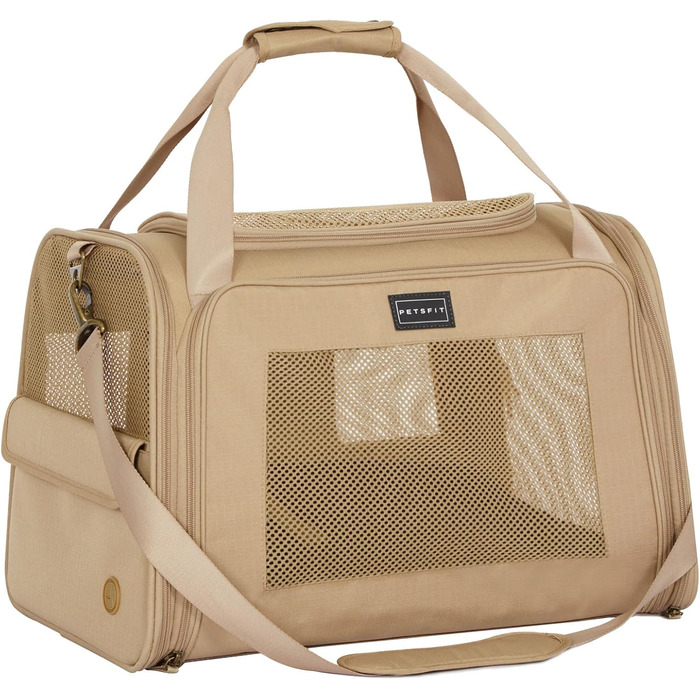 Транспортна переноска для котів та собак Petsfit, складана сумка-переноска, 50L x 33B x 33H см, з м'яким розкладним килимком та регульованим плечовим ременем, Khaki