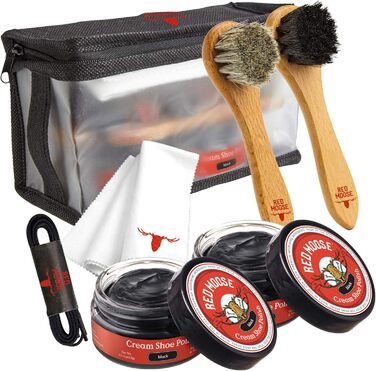 RED MOOSE 7PC Full Leather Shoe Cream Set - 2x Brush, Polishing Cloth, Travel Bag, Shoelaces, Black (black), One Size