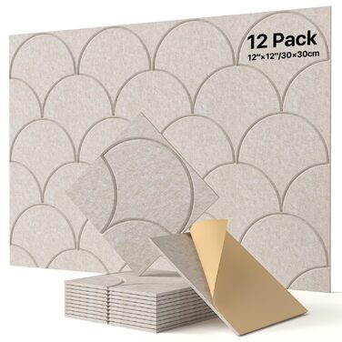 Акустичні панелі Soundsbay для звукоізоляції та декору стін, самоклеючі звукопоглинаючі плити з поліестеру, 30x30x0.9 см, світло-бежевий, 12 шт.