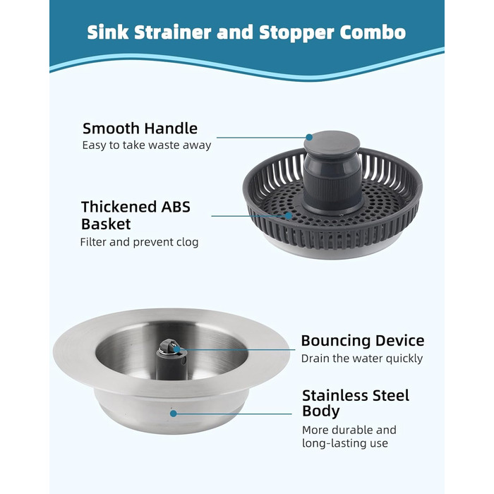 2 Pieces – 3-in-1 Kitchen Sink, Pop-Up Strainer #304, Stainless Steel, Drain Strainer with Handle Rod for US Standard 8.9cm Drain Filter, Clog-Free and Easy to Clean