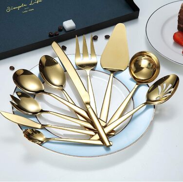 Berglander Gold Cutlery Serving Set, 10 Pieces, Stainless Steel Cutlery Serving Set with Gold Titanium Coating, Serving Spoon, Silver Serving Utensil, Rust Protection (10 Pieces)