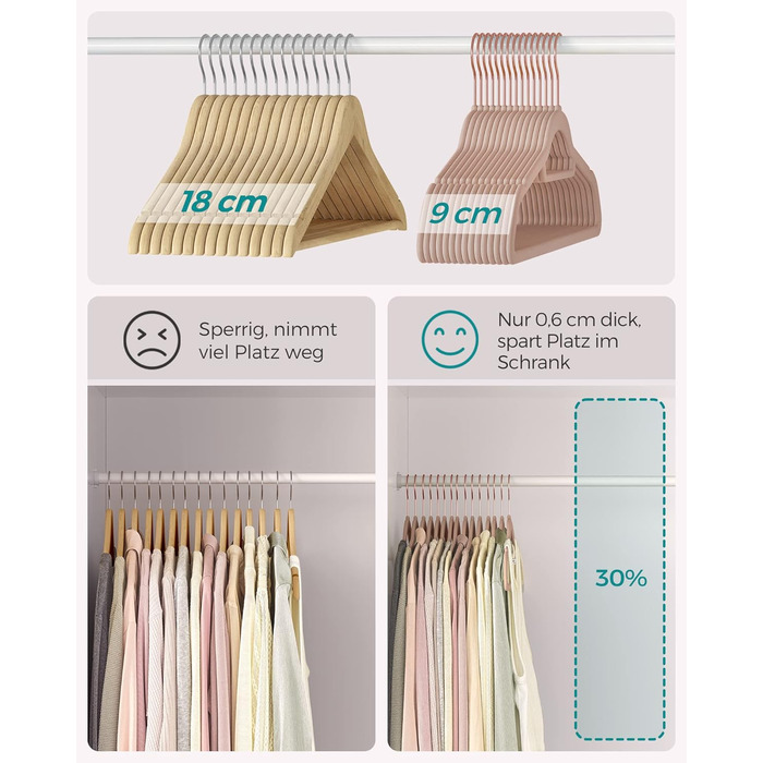 Плечики SONGMICS для одягу, велюрові, набір 50 шт., антиковзаючі, для краваток, 360° обертання, тонкі, економія місця, 43,5 см, для пальто, штани, срібно-білі