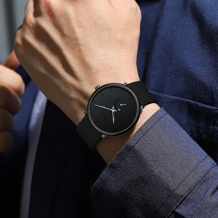 Годинник чоловічий CRRJU з силіконовим ремінцем, ультратонкий, водонепроникний, мінімалістичний, спортивний, кварцовий, блакитно-чорний