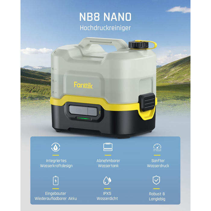 Fanttik NB8 Nano Portable Cordless Electric Pressure Washer with 8-Liter Tank, Retractable Spray Nozzle, 2600 mAh, Washer for Patio, Camping Shower, and Pet Cleaning