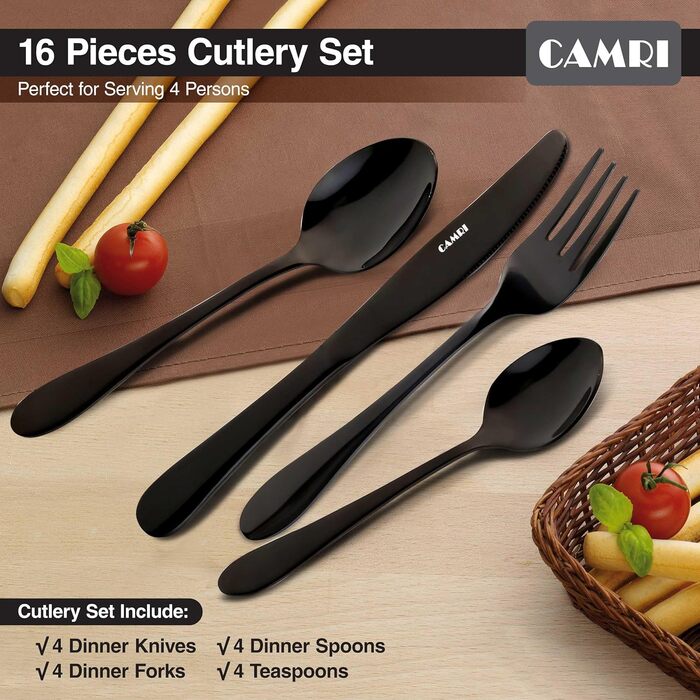 Набір столових приборів CAMRI – 16 предметів з нержавіючої сталі, столовий набір, ножі, виделки, ложки, набір для 4 осіб, придатний для миття в посудомийній машині, чорний матовий/дзеркальний дизайн