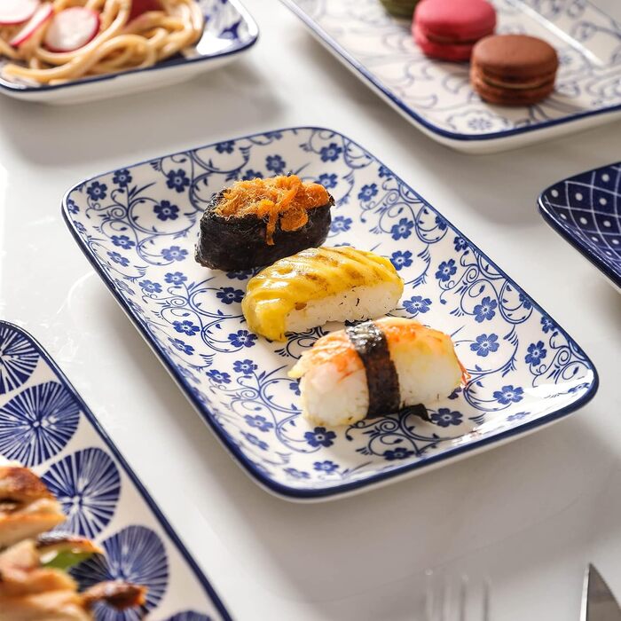 Сервірувальна тарілка Selamica 21 см, прямокутна, набір з 6 шт. для 6 осіб, десертна, для салатів, суші, фруктів, вінтажний синій колір