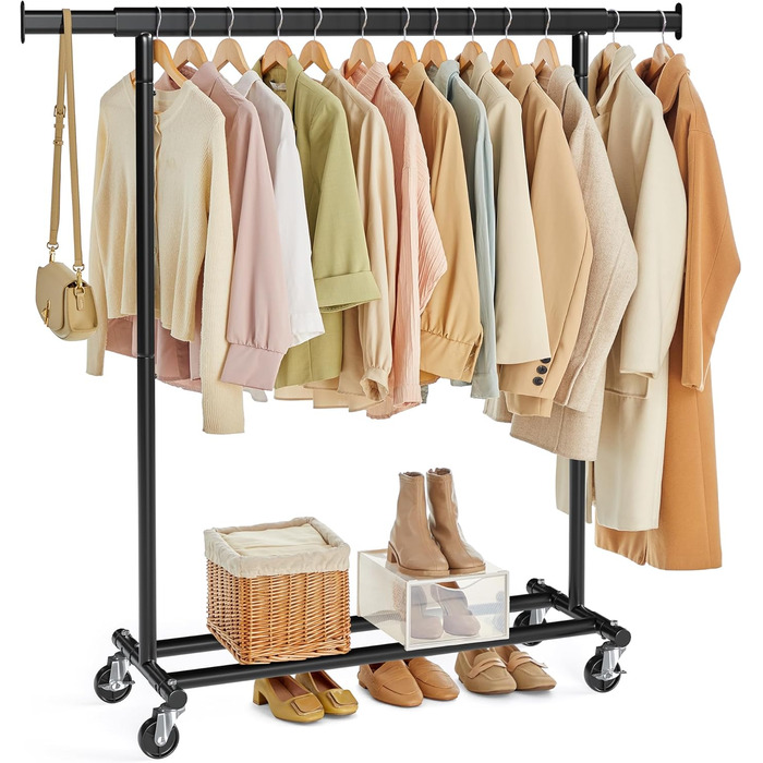 SONGMICS Clothes Rack with Wheels, Heavy-Duty Garment Rack, Extendable Clothes Rod, Load Capacity up to 100 kg, Easy Assembly, Portable, Black HSR13BKV1