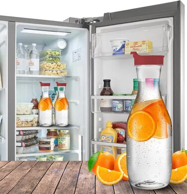 Party Bargains Plastic Carafe with Lid, Transparent, 12 Pieces, Red Flip-Top Lid, Premium Quality and Robust Plastic Pitcher for Iced Tea, Powdered Drink Mix, Cold Brew, Mimosas