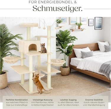 Тектейк® Крізьоверх XXL для котів, великий, з аксесуарами: лежанки, гамак, будиночок, іграшки, мотузка з сизалю, ствол для дряпання, котячий комплекс, котячий дряпкач, висота приблизно 165 см - сірий (Бежевий | № 402932)