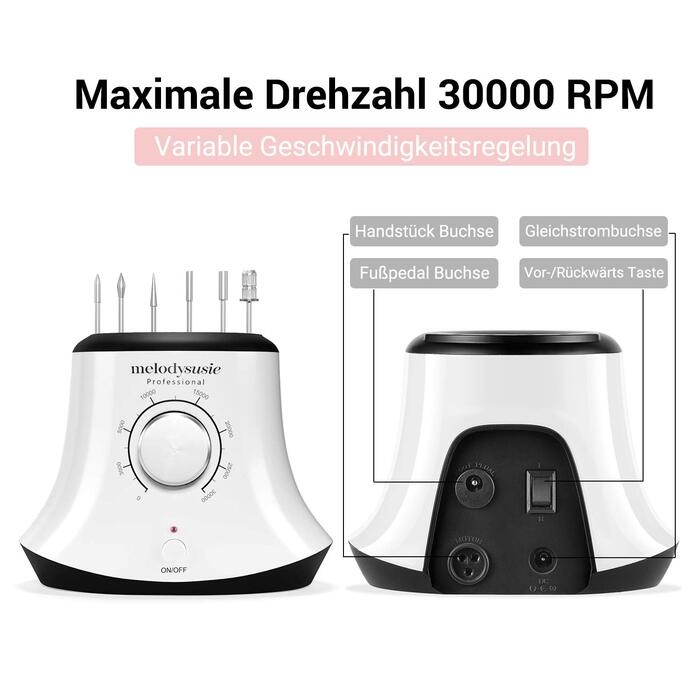 Електричний фрезер для нігтів MelodySusie 30000 об/хв: професійний набір для манікюру та педикюру з педалем, для гелю та акрилу, білий