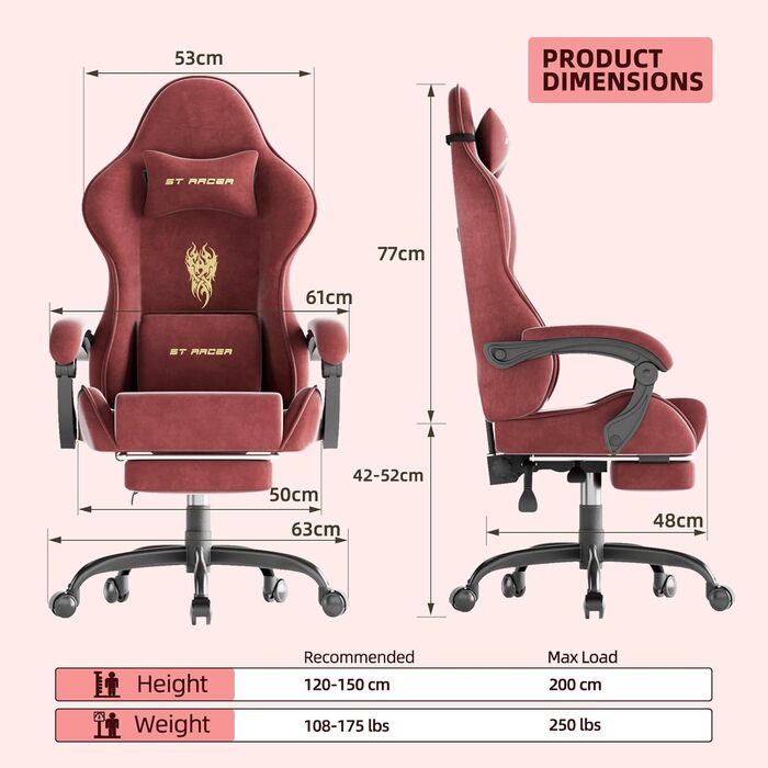 Геймерське крісло Ferghana Ergonomisch LW210: Червоне, з регульованою подушкою для голови та попереку, підлокітниками та підставкою для ніг