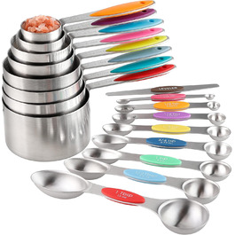Turewin Measuring Cup Set: 8 Stackable Stainless Steel Measuring Cups (1 Cup to 1/16 Cup), 8 Double-Sided Magnetic Measuring Spoons (1/16 tsp to 1 tbsp) with Leveler for Dry and Liquid Ingredients - Silver