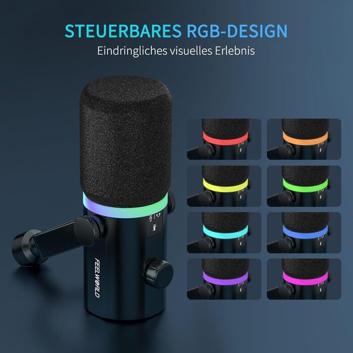 Мікрофон FEELWORLD PM1 XLR/USB з RGB-підсвічуванням для запису подкастів, геймінгу та YouTube. З підсвічуванням RGB, регулятором гучності та навушником.