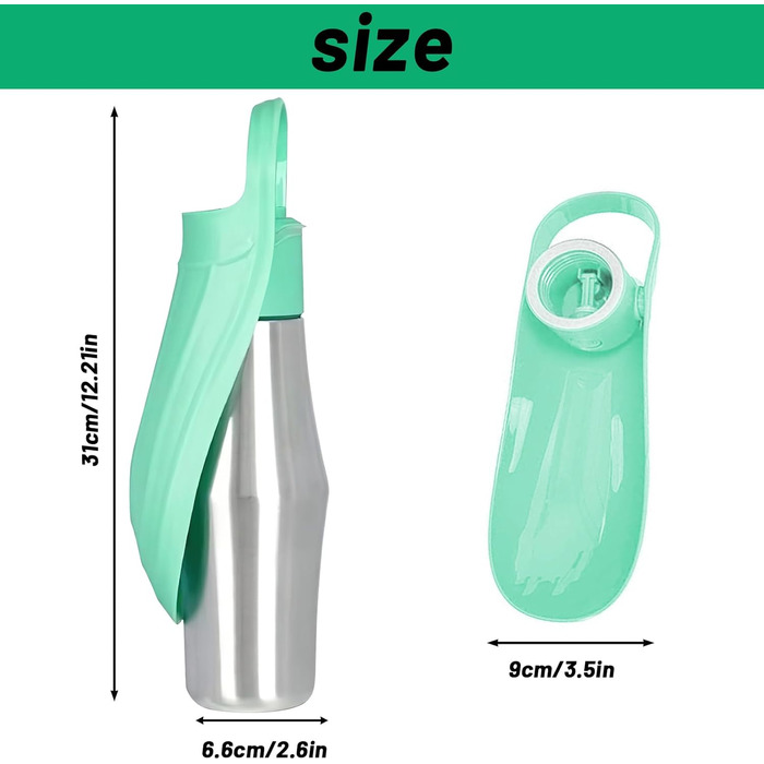 Водяна пляшка для собак ZoneYan 750 мл з нержавіючої сталі, портативна, витокозахисна, для подорожей, парків, кемпінгу, піших прогулянок (світло-зелена)