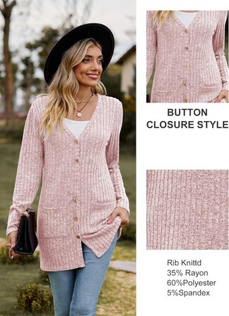 Кардиган жіночий з довгим рукавом, відкритий спереду, на ґудзиках, V-подібний виріз, легкий, з кишенями (XL, Рожевий)