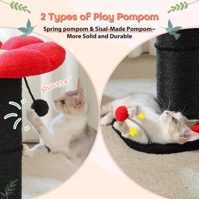 Flower Cat Tree - Small Cat Tree for Indoor Cats with Super Thick Scratching Post [Dia=14cm], Detachable Flower Cat Bed, Feather Ball - (Black)