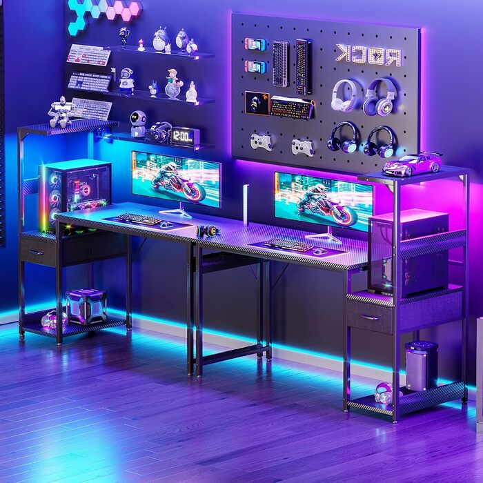 Ігровий стіл Coleshome з LED-підсвічуванням 120x48 см з ящиками та полицею, обертовий, з тримачем для навушників, карбонове волокно, чорний