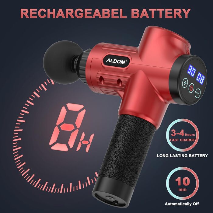 ALDOM Massage Gun - Electric Muscle Massager with 30 Speed Settings & 8 Attachments - Red