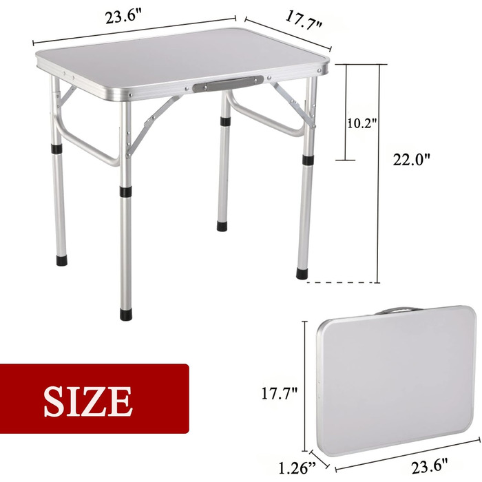 Складаний стіл 60 см: портативний, для кемпінгу, пікніка, саду, відпочинку на природі. Алюмінієвий каркас, регульована висота. Розміри: 60 x 45 x 25,9 см (Д x Ш x В). Білий