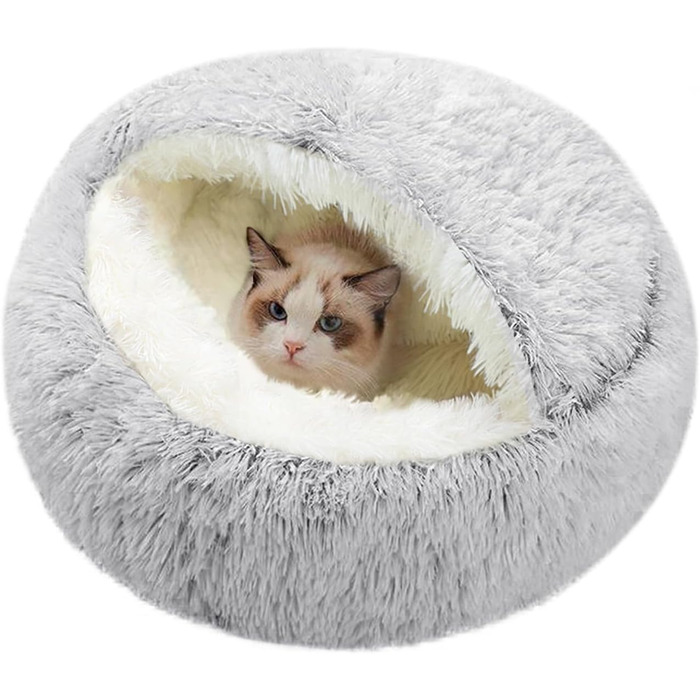 Comforting Cat Bed, Small Dog Bed, Warm Cozy Soft Plush Winter Bed for Cat Caves, Non-Slip Bottom, Machine Washable, Sofa Bed for Puppies/Small Medium Cats (Plush Blanket Grey 50 cm)