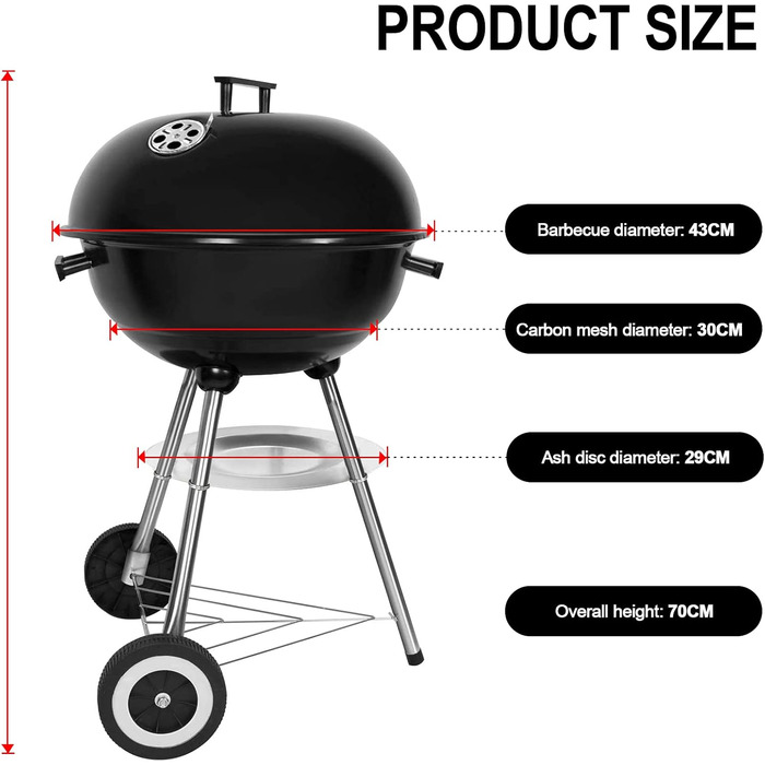 Charcoal grill, portable, round, with lid, double wheels, grill on stand, φ 41 cm, height 70 cm, black