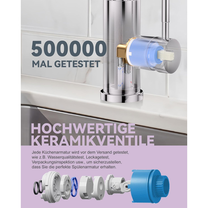 Кран кухонний iVIGA висувний з дощу, водоспад, 360° поворот, мікшер, брашований нікель