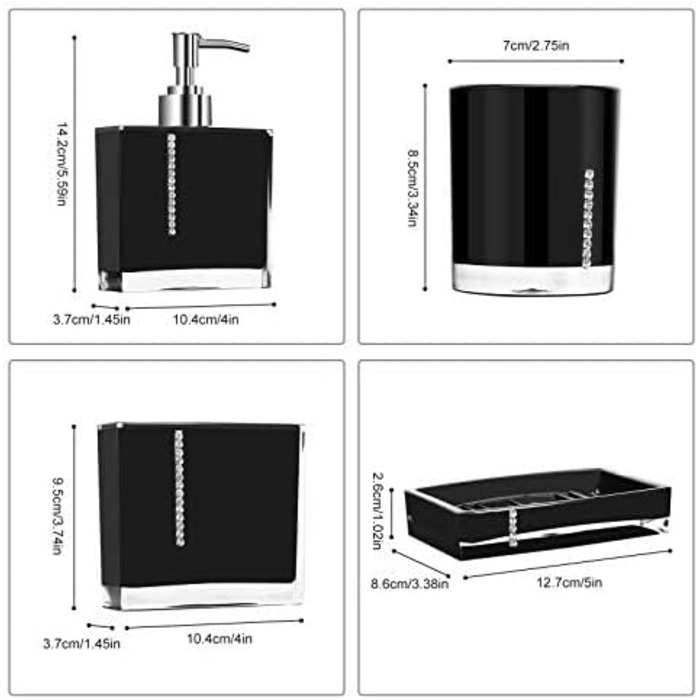 5-Piece Bathroom Accessories Set, Bathroom Dispenser Set includes lotion bottle, toothbrush holder, tray, 2 rinsing cups (black)