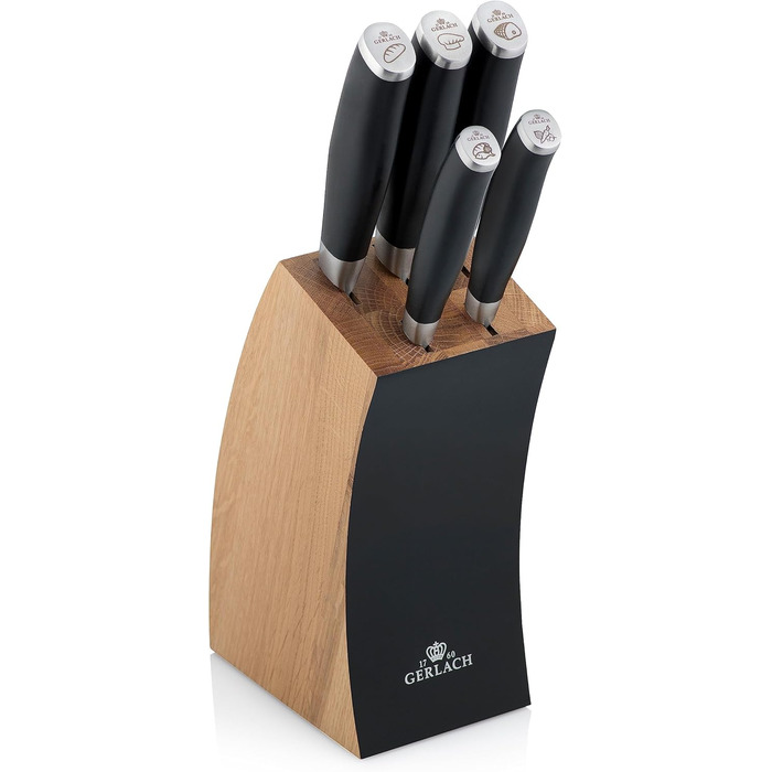 Gerlach Deco Black Knife Block Set - 5-Piece Stainless Steel Kitchen Knife Set with Wooden Block