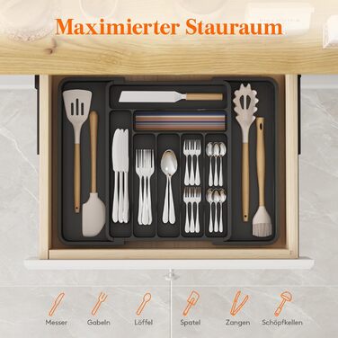 Органайзер для столових приборів Lifewit в шухляду, розсувний, пластиковий, 7-9 відділень, 38-50 см, чорний