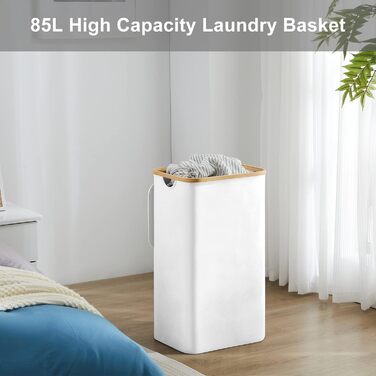 YOUDENOVA Laundry Basket with Lid 85L Laundry Collector Slim with Laundry Bag Large Foldable Laundry Sorter Wood Bamboo Laundry Chest High Laundry Baskets, White