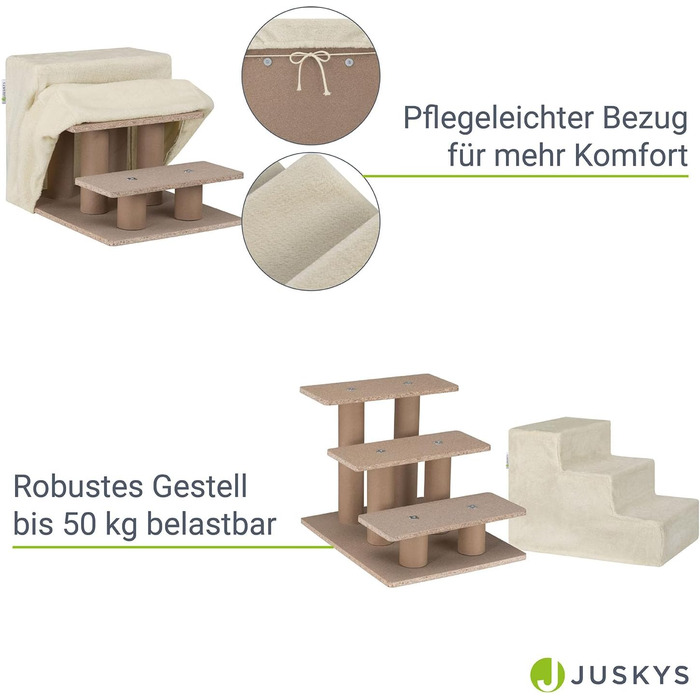 Juskys Pet Staircase Dog Staircase 36 cm - 3-Step Staircase with Washable Plush Cover - Cat Staircase Dog Ramp for Bed, Sofa, Couch, and Car - Cover (Beige)