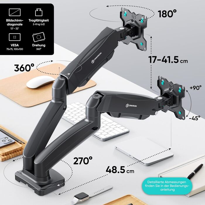 Кріплення для монітора ONKRON G160-W (білий) – 2 монітори, 13-32 дюйми, до 8 кг, VESA 75x75-100x100