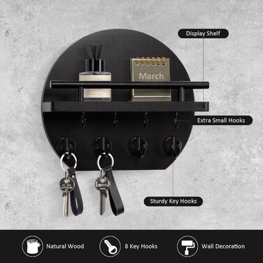 Настінна вішалка для ключів Nekon з полицею та 8 гачками, 24.8 см, чорний колір